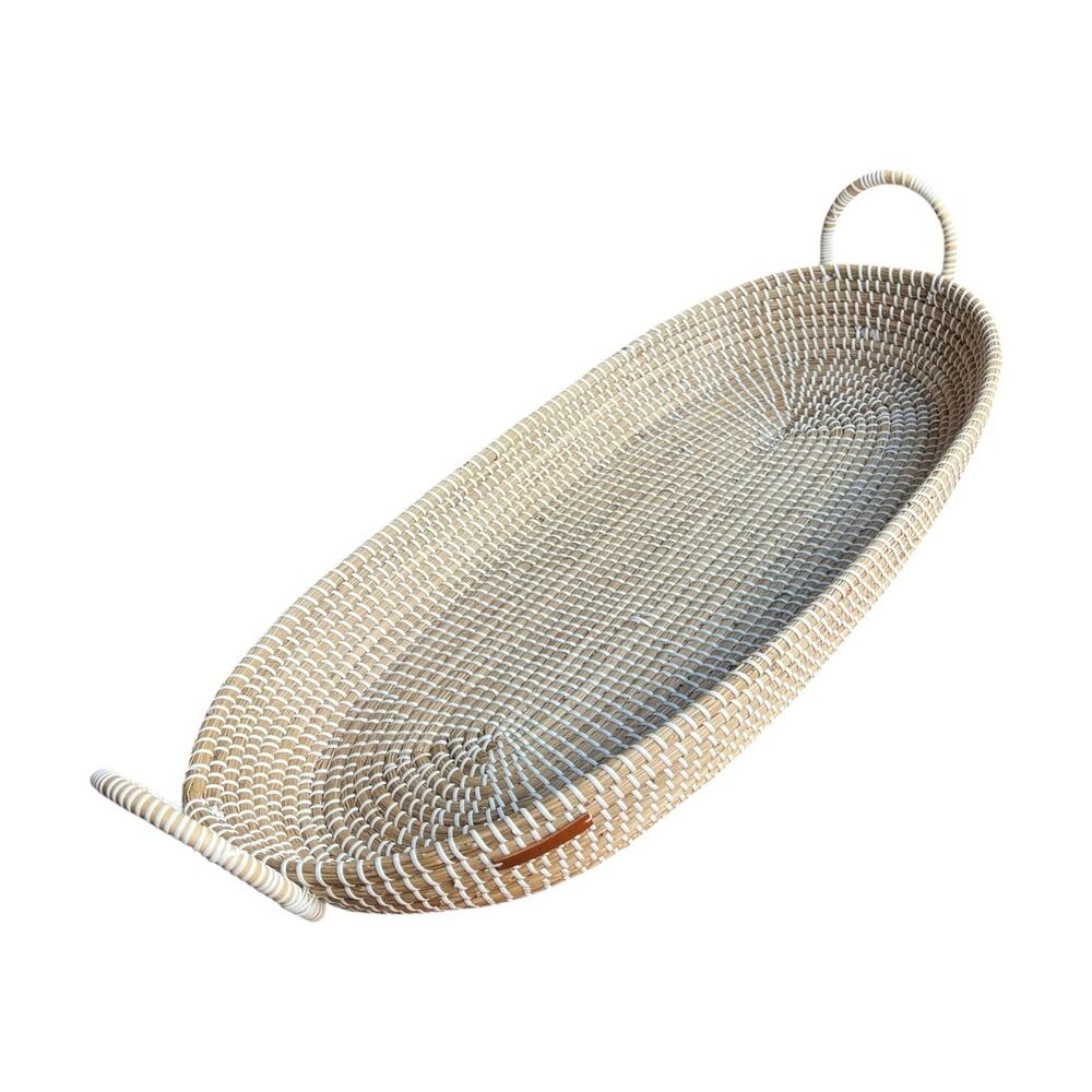 Ken & Co Woven Rattan Oval Tray Basket Handles Boho Farmhouse Decor